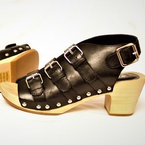 Size 7.5, 8 -Wooden Platform-Soles- Black Leather